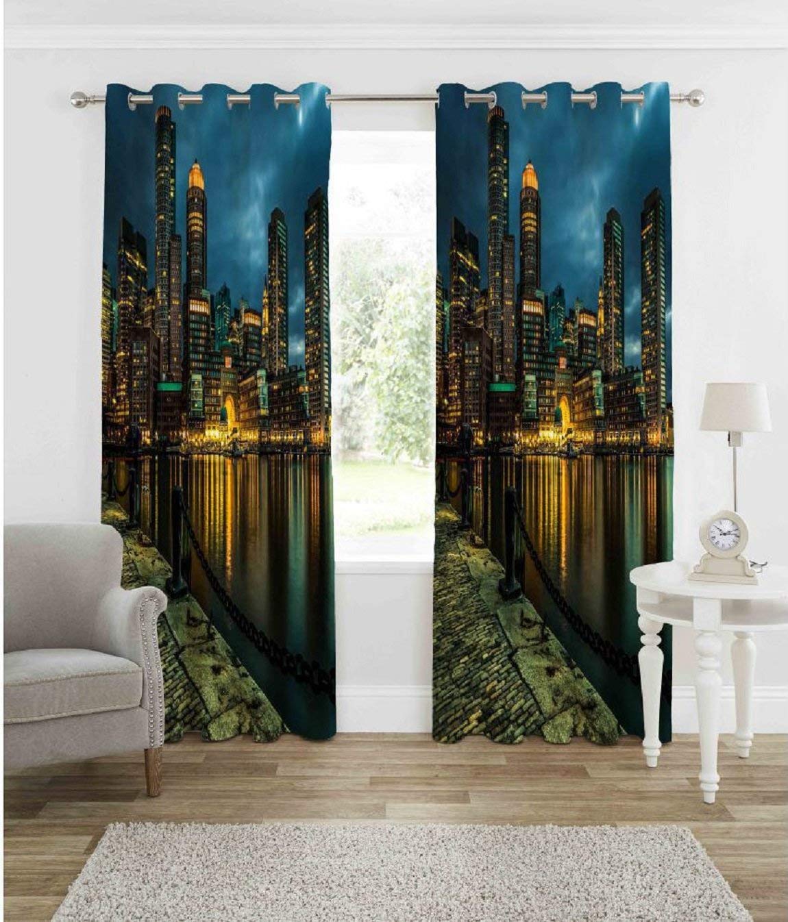 V4M 3D Night View Digital Printed Polyester Fabric Curtains for Bed Room, Living Room Kids Room Color Blue Window/Door/Long Door (D.N.115) (3, 4 x 5 Feet (Size: 48 x 60 Inch) Window)