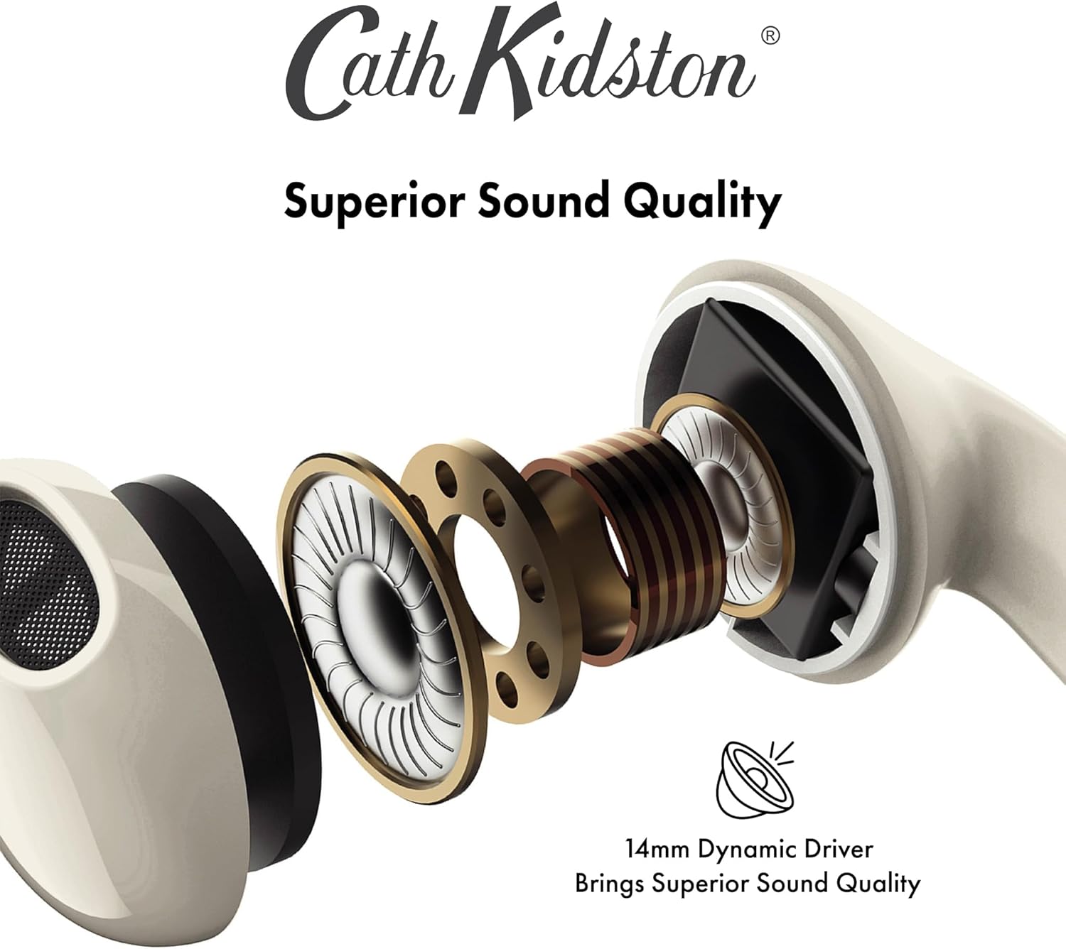 Exploded view of a VQ Wren earbud showing internal components, highlighting the 14mm dynamic driver.