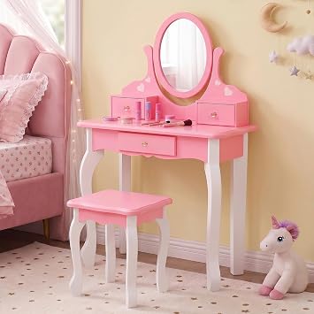 JOYMOR Kids Vanity Set with Mirror, 2 in 1 Princess Makeup Dressing Vanity Table and Stool Set, Toddler Vanity with 360 Rotating Mirror & Drawers, Vanity Set for Little Girls Pink