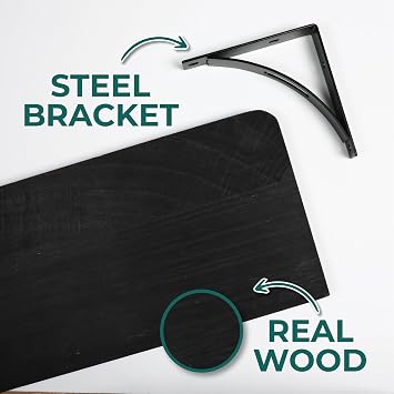Reinforced Steel Bracket Black Shelves for Bathroom Wall - Easy to Install, Template and Video Included - Black Shelf for Bedroom, Long Wood Wall Shelves, Book Shelf