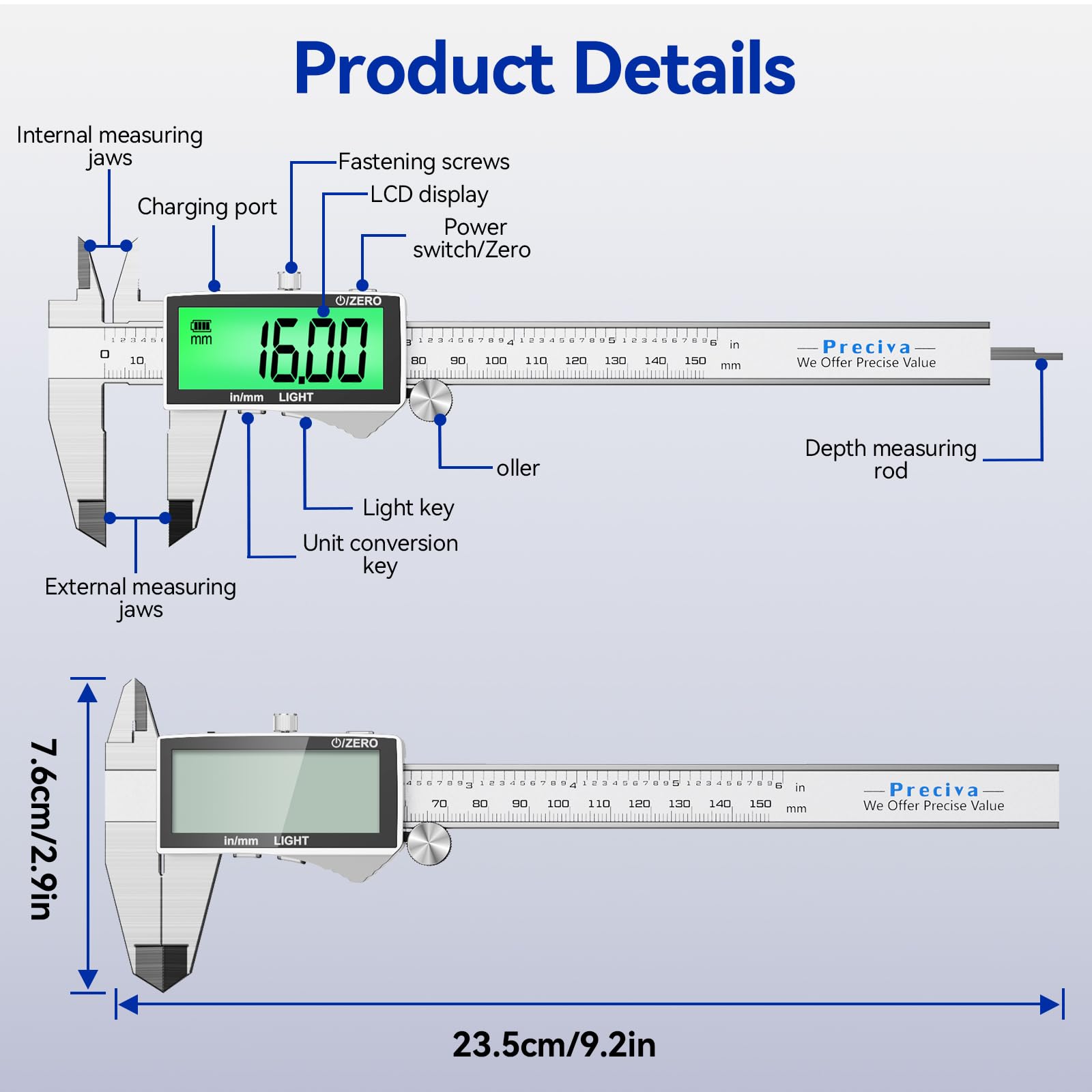 Preciva Calibro Digitale, Calibri Ricaricabile, Calibro Elettronico in Acciaio Inox con Ampio Schermo LCD Retroilluminato, Plicometro Professionale per Officina, Meccanica, Fai da Te