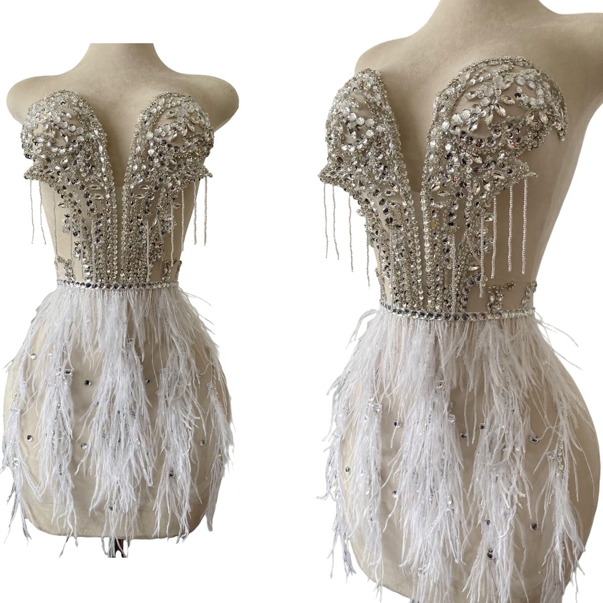 Handmade Luxury Tassels Feathers Bodice Appliques Hand-Stitched Beads Rhinestones Trim Patches Shiny Accessories for Dresses (Silver)