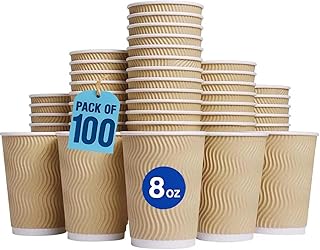 MahMir® 8oz. Brown Disposable Ripple Insulated Coffee Cups - Eco-Friendly Disposable Cups - Hot Beverage Corrugated Paper Cups - Sleeve Ripple Wall Paper Coffee Cups for Drink - Tea Cup (8 oz. 100pcs)