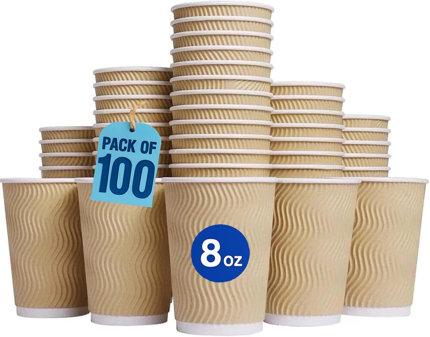 MahMir® 8oz. Brown Disposable Ripple Insulated Coffee Cups - Eco-Friendly Disposable Cups - Hot Beverage Corrugated Paper Cups - Sleeve Ripple Wall Paper Coffee Cups for Drink - Tea Cup (8 oz. 100pcs)