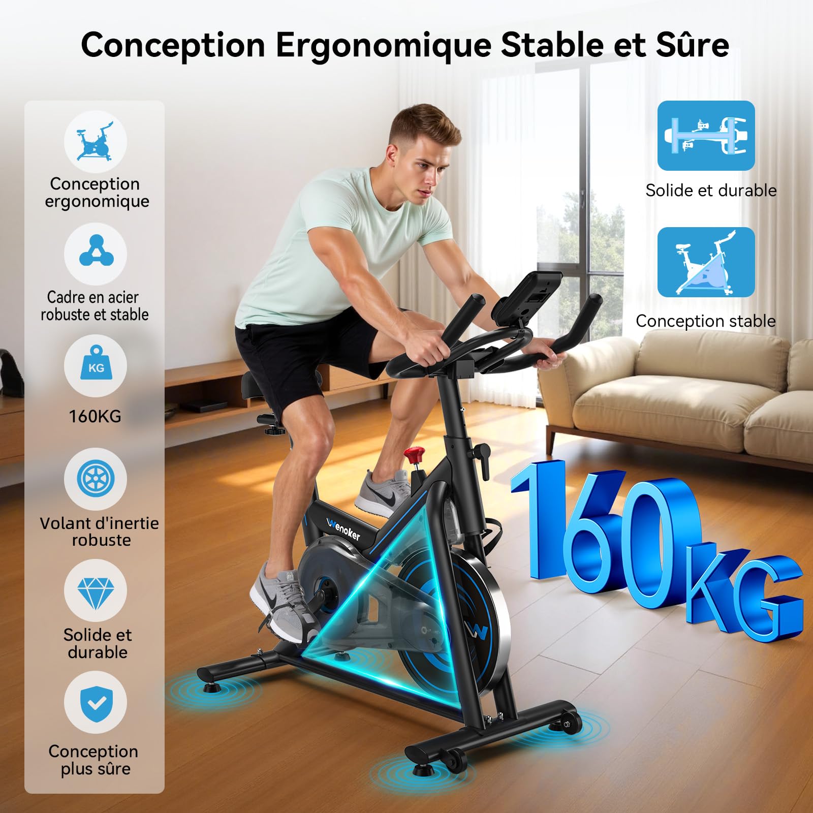 Wenoker Vélo d'Appartement avec APP, Résistance Magnétique Réglable, écran LCD, Capacité Max 160 kg
