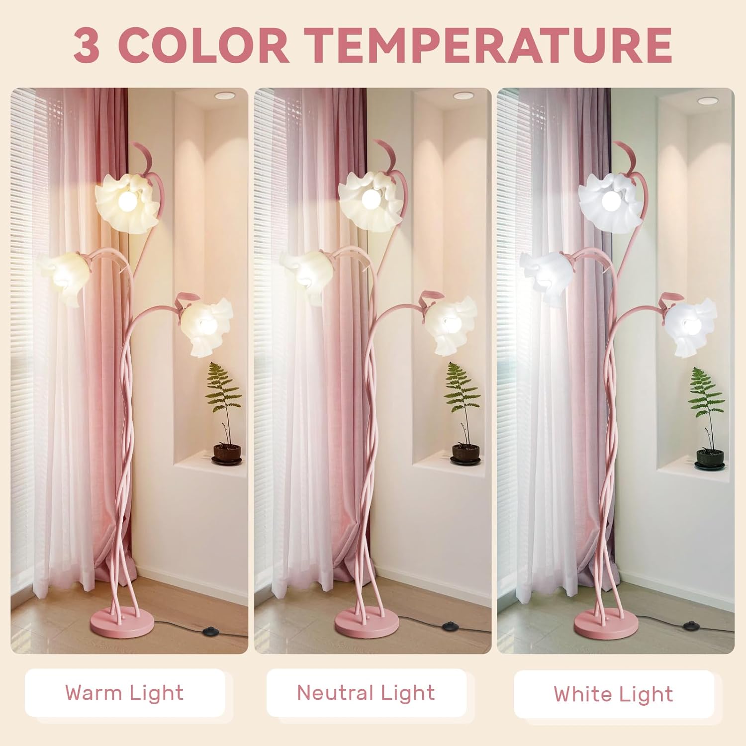 Flower Floor Lamp, 3 Color Modes LED Modern Standing Lamps with 3 Heads Bulb Flexible Neck Shaft Vintage Corner Floor Lamp for Living Room, Bedroom Office Reading Decor (Pink)