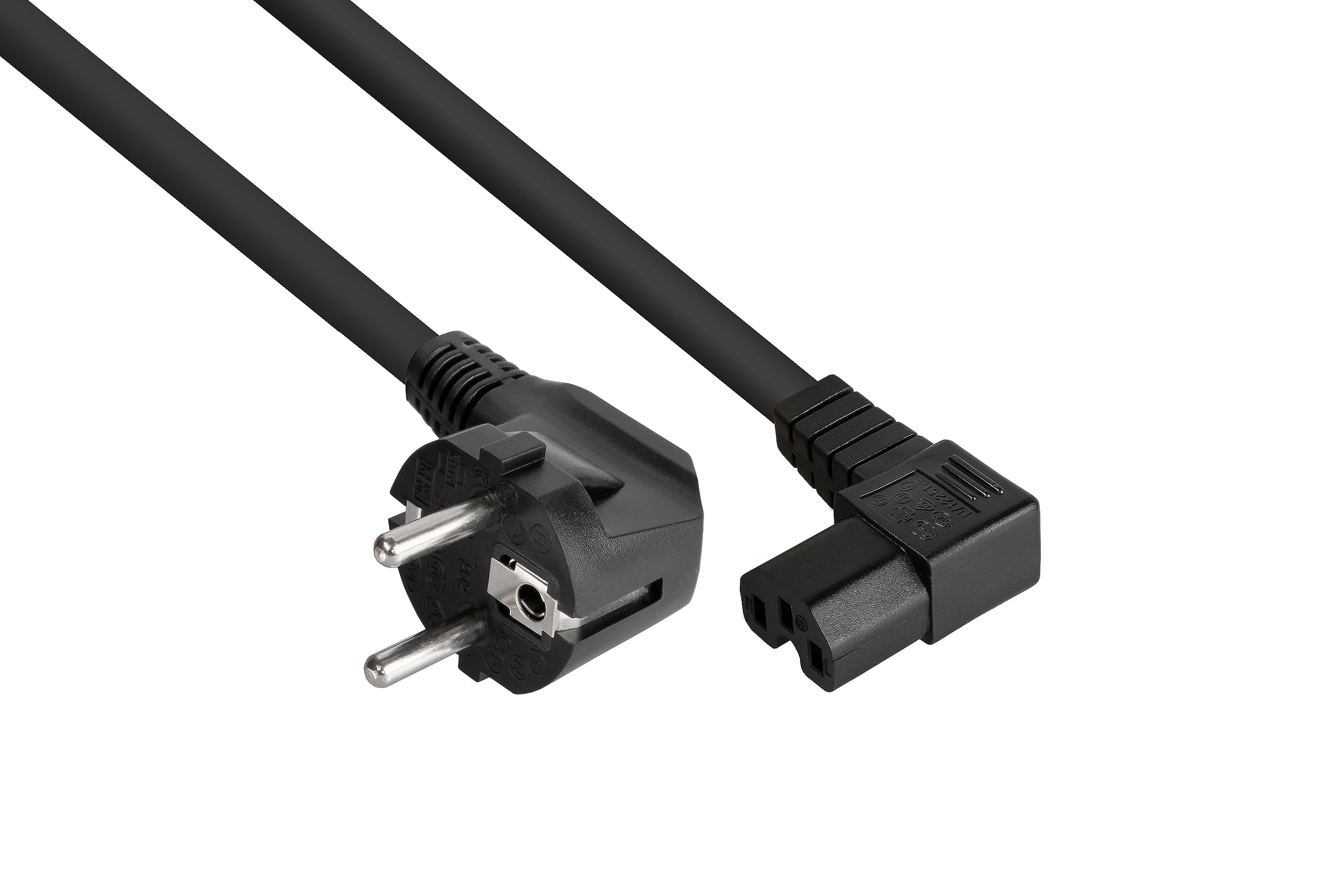 kabelmeister Netzkabel Schutzkontakt-Stecker Typ E+F (90° gewinkelt) an Warmgeräte-Buchse C15 (rechts gewinkelt)- schwarz - 1,50mm² - 5m