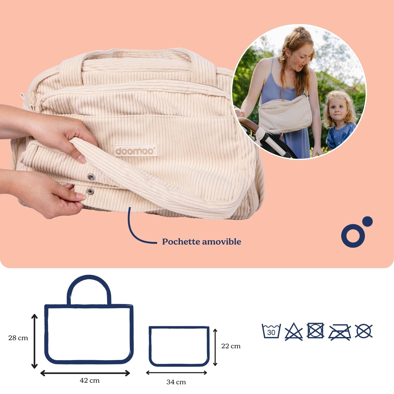 Doomoo Sac à langer Bebe Fluffy 24L Grande Contenance Beige