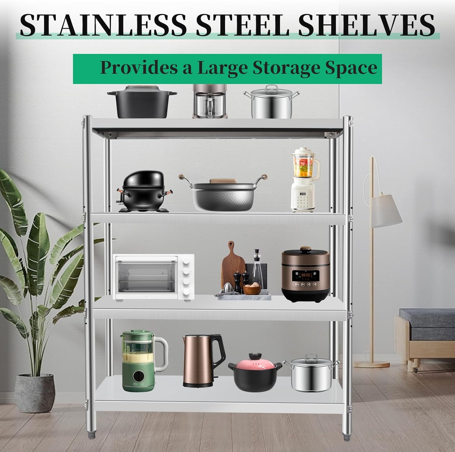 Stainless Steel Shelves 5-Tier Adjustable Storage Rack 48X18-60 Inch Heavy Duty for Kitchen,Garage,Office,Warehouse with 330lb Per Shelf Capacity (48X18X60Inch)