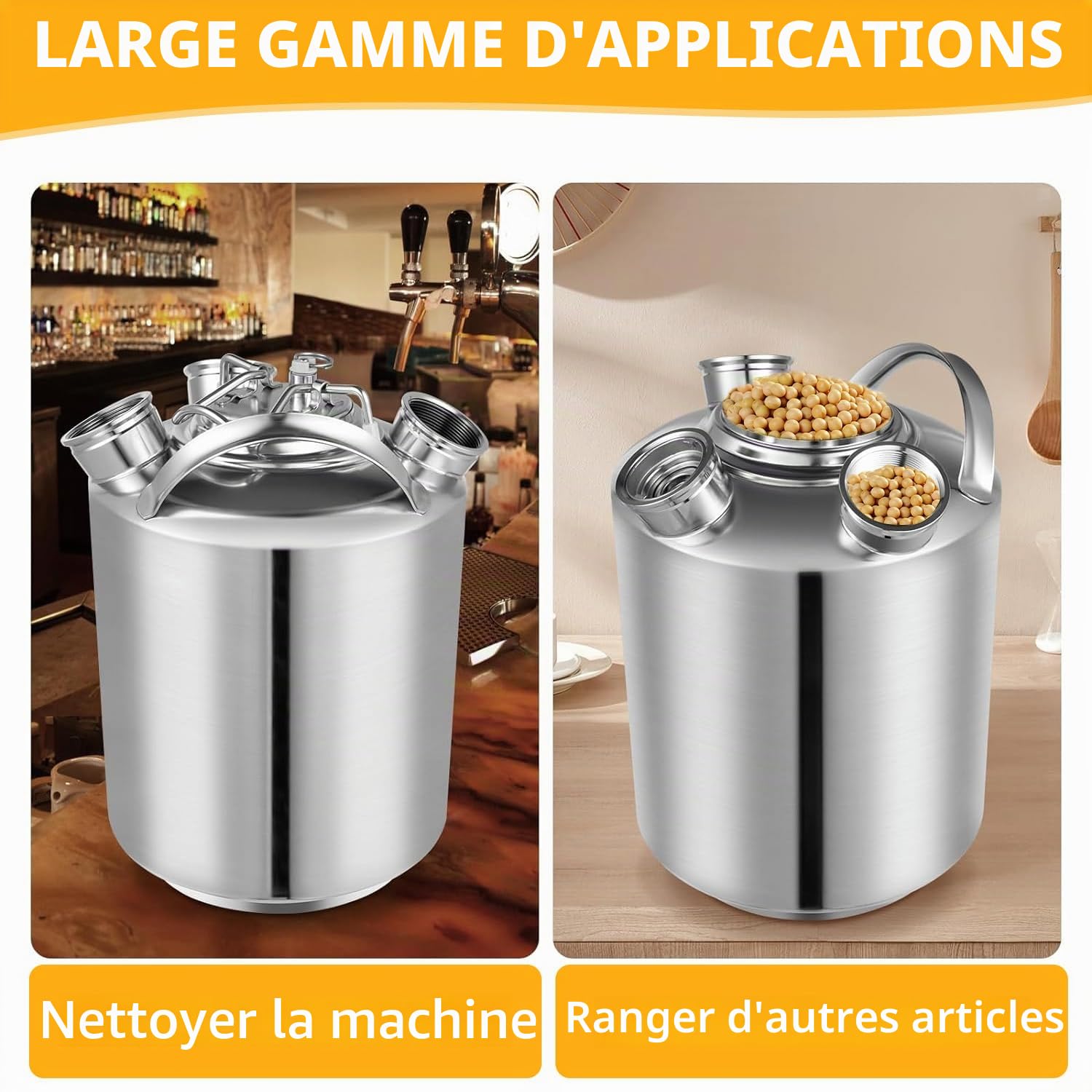 Fût Nettoyage Bière Inox 10L, Récipient 3 Têtes avec Couvercle - Type A/S | Récipient nettoyage fût inox 10L, Couvercle 3 têtes compatible lances Type A et S. Pour brassage amateur, bar, hôtel