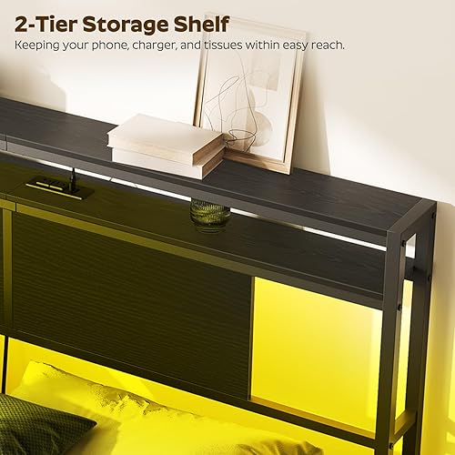 Miniatura 7 de YATINEY Cabecera tamaño Queen, estante de almacenamiento con luz LED y 2 salidas y puertos USB, tablero principal con 2 estantes de almacenamiento,
