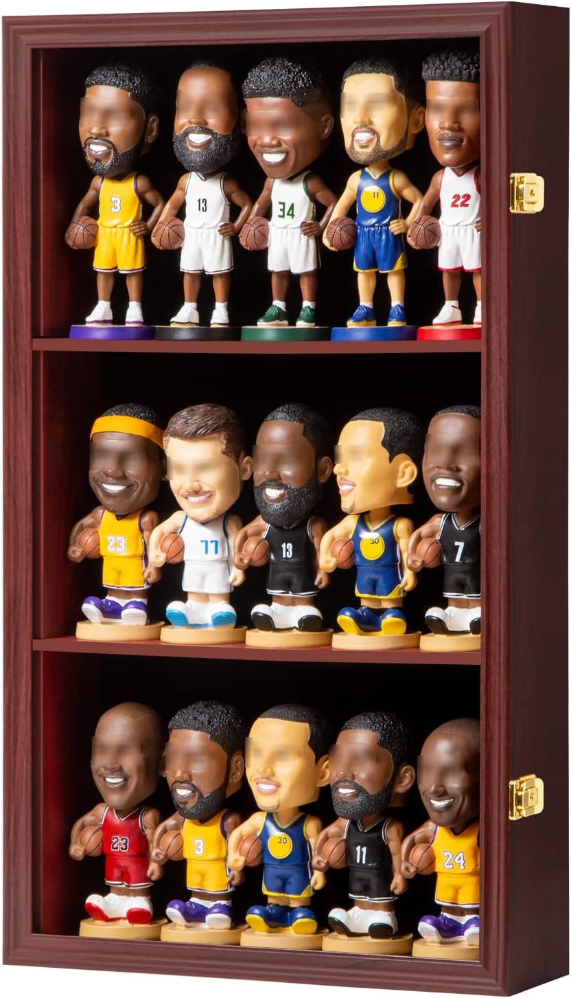 Zmiky Bobblehead Display Case Action Figure Display Case Bobble Head Shadow Box Wall Cabinet for 15 Figurines Display with Lockable Anti Fade Uv Protection for Bobble Head, Action Toy Figures,Mahogany