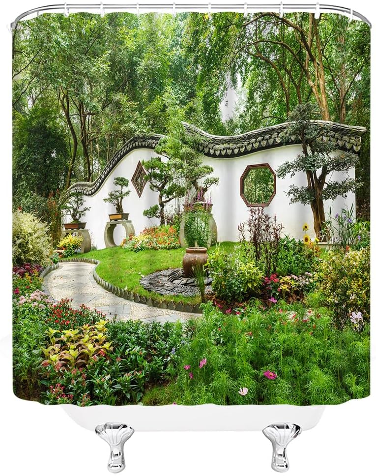 Garden Landscape Shower Curtain Asian Garden Nature Colorful Floral Spring Summer Scenery Flower Plant Polyester Fabric Bathroom Decor Set with Hooks(70"" Wx74.8 H), Green