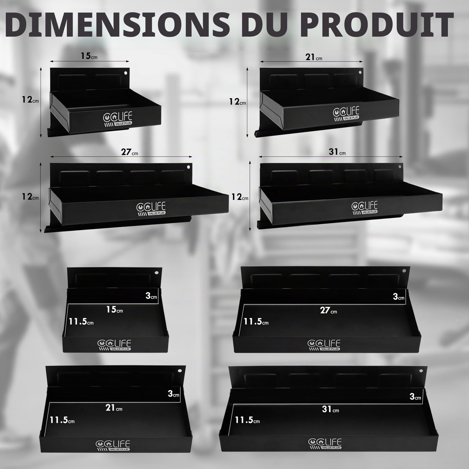 CCLIFE Lot de 4 étagères magnétiques pour Atelier - Longueur : 150-210-270-310 mm