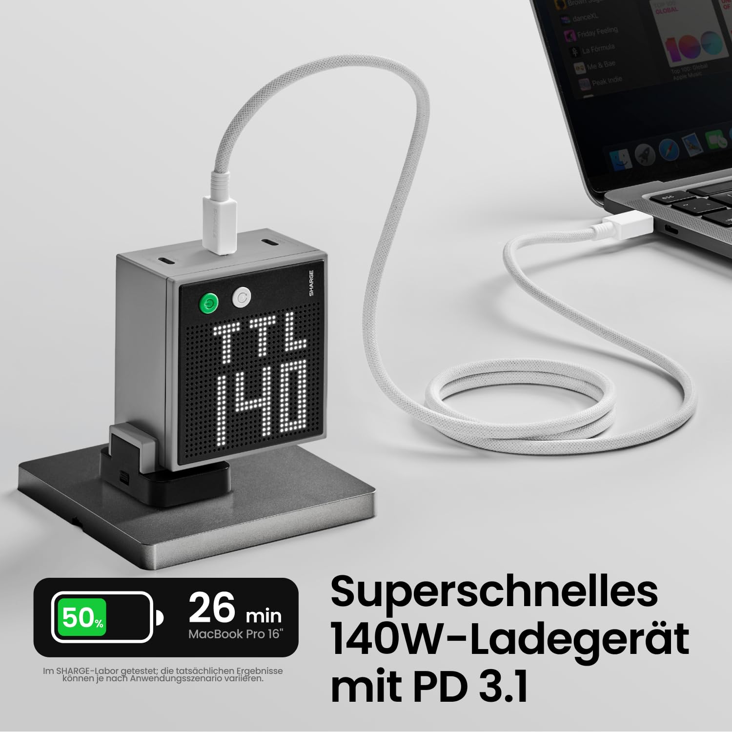 sharge Pixel 140 Laptop Ladegerät, 140W Max USB-C Ladegerät mit Smart Pixel Display, Mehrfach-Stromversorgung PD 3.1 Power Adapter für MacBook Air, Galaxy S25 S24, iPhone 17 16 15 Pro Max, iPad