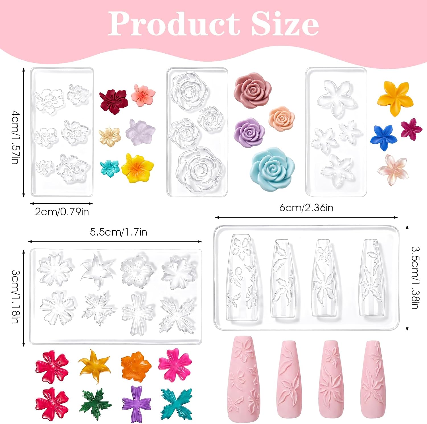Silicone Nail Art Molds, 5 Pcs Small Flower Molds for Women 3D Flowers Gel Nail Carving Templates Spring Summer Cherry Hibiscus Blossom Floral Design Nails Charm Modeling Moulds Manicure Tools