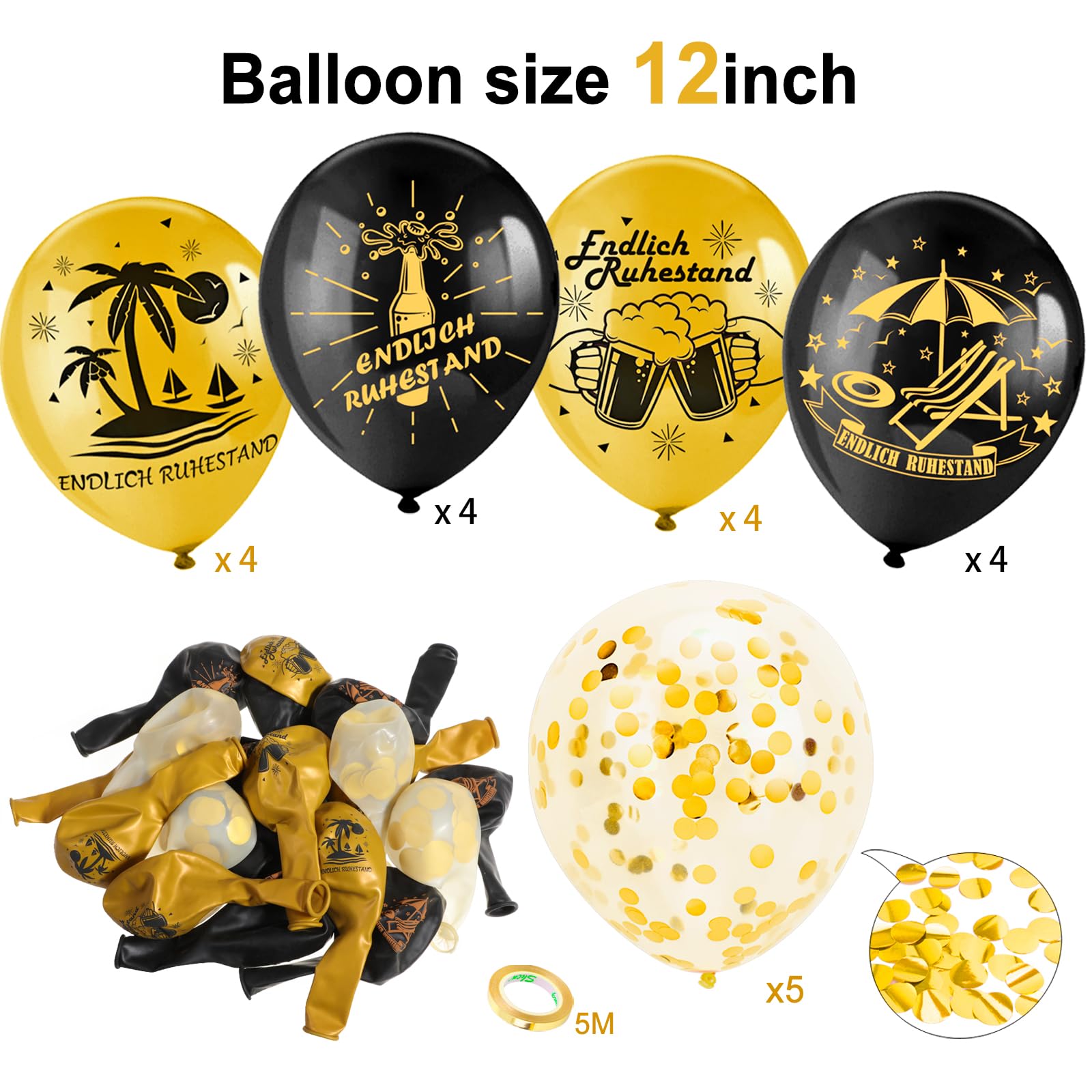 HOWAF Ruhestand-Deko-Set Schwarz-Gold – Girlande, Ballons, Cake Topper, Schärpe 