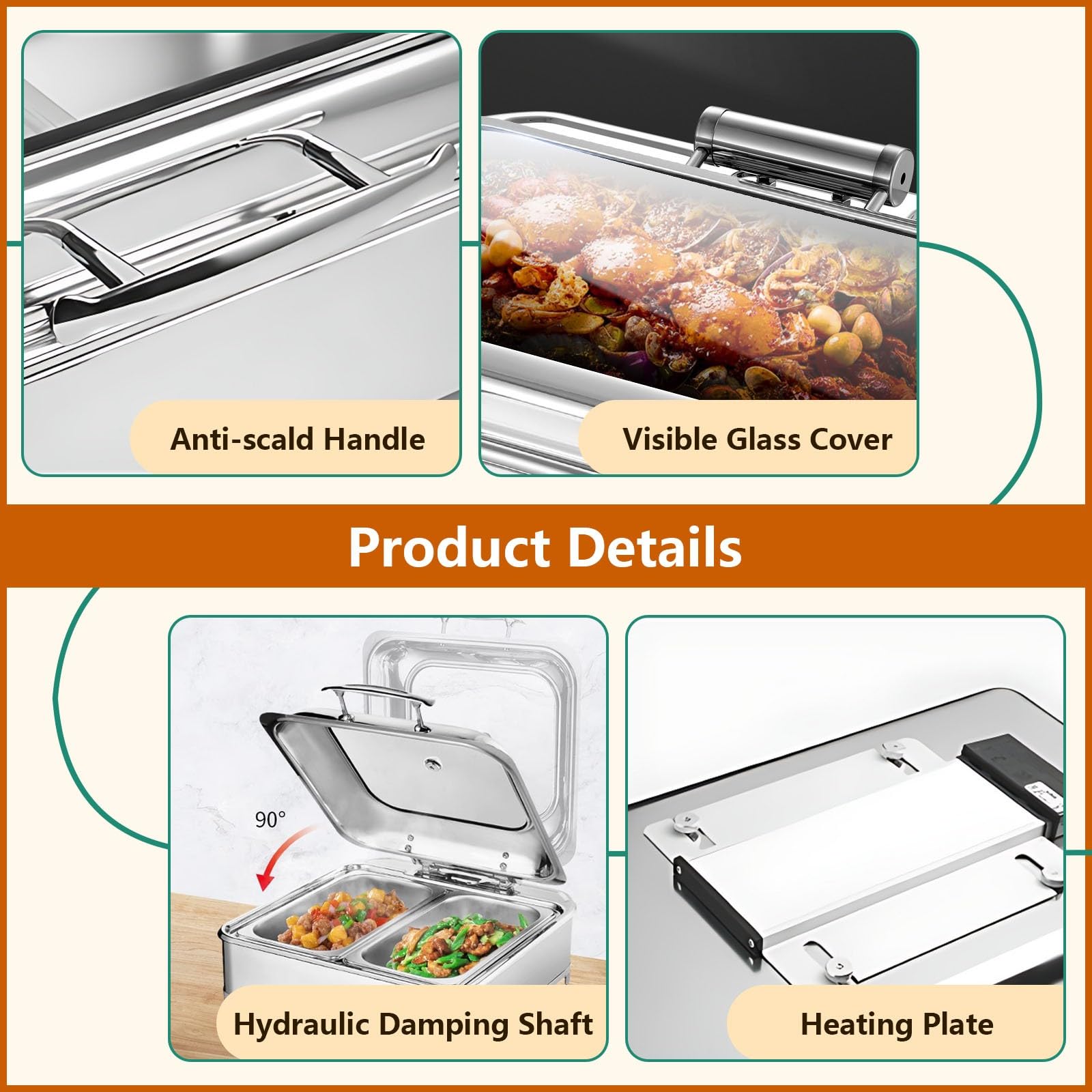 Chafing Dish Elettrico, 9L Scaldavivande Elettrico per Buffet Acciaio Inox, Chafing Dish Buffet Elettrico Temperatura Regolabile con Coperchio Visibile(A, 1/2 PAN)