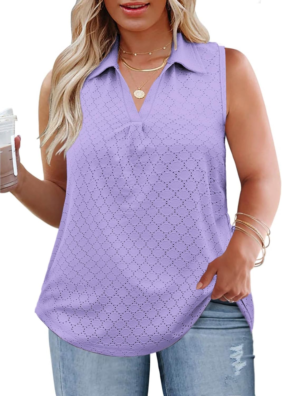 ROSRISS Womens Plus-Size-Tank-Tops Summer Sleeveless Casual Shirts Lapel V Neck Tunics Eyelet Tees