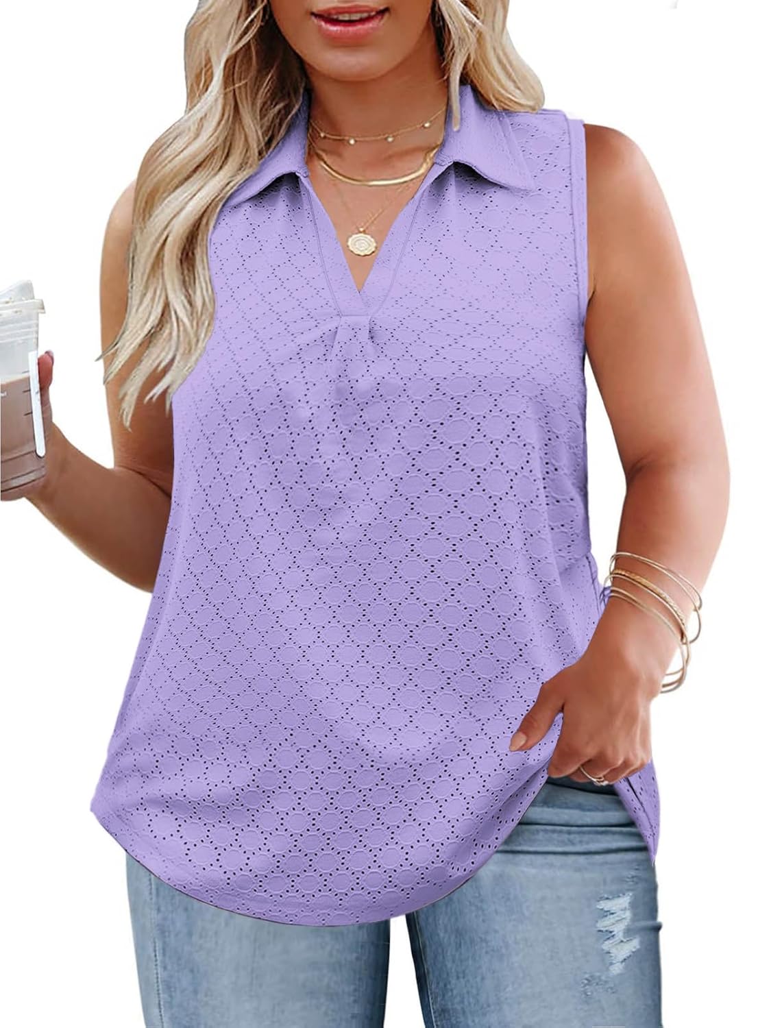 ROSRISS Womens Plus-Size-Tank-Tops Summer Sleeveless Casual Shirts Lapel V Neck Tunics Eyelet Tees