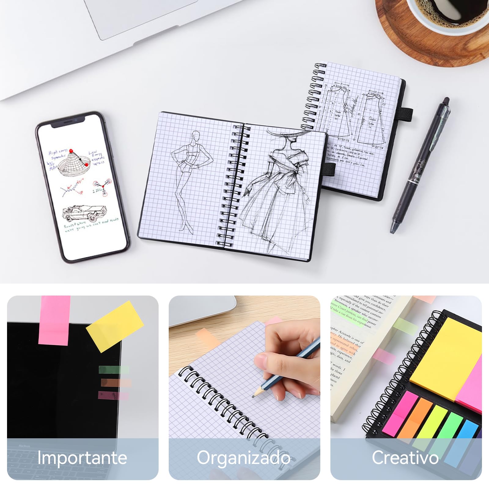 AGPTEK Libreta Pequeña A6 Cuaderno Espiral de Bolsillo con Notas Adhesivas de Colores, Bloc de Notas con Tapa Kraft para Estudio y Oficina