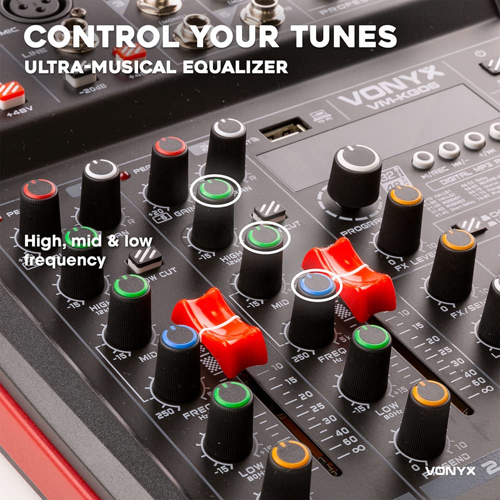 Vonyx VM-KG06 analoger Audio Mixer für Bands, Mischpult DJ Mixer, 6 Kanal DJ Mischer mit Bluetooth, MIC, XLR, 6,3mm Jack, DSP Soundeffekt, USB, MP3, Record - Schwarz