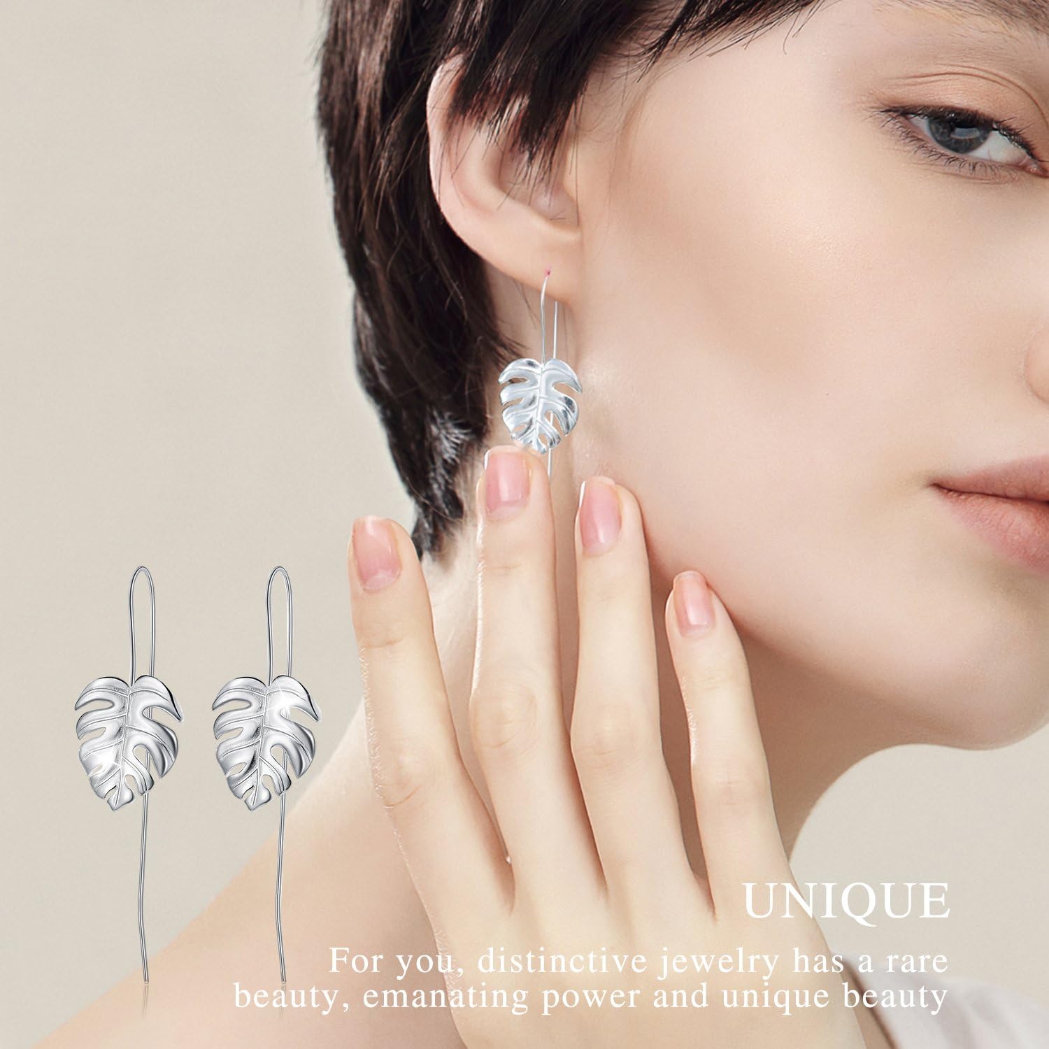 Monstera Leaves Dangle Earrings 14K Yellow Gold Plated Drop Silver Earrings, Handmade Unique Jewelry Gifts for Women - Image 2