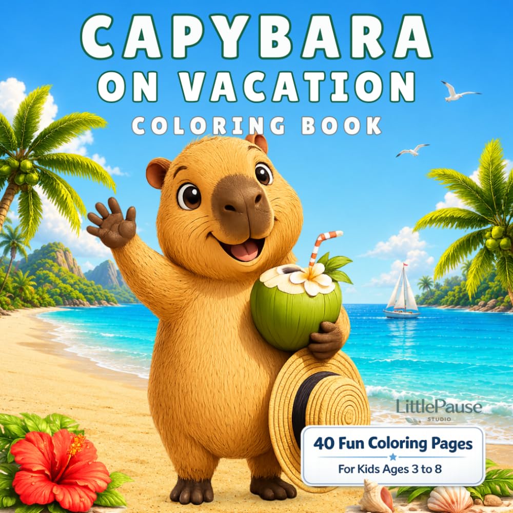 Capybara on Vacation: 40 Fun Vacation Coloring Pages for Kids Ages 3–8