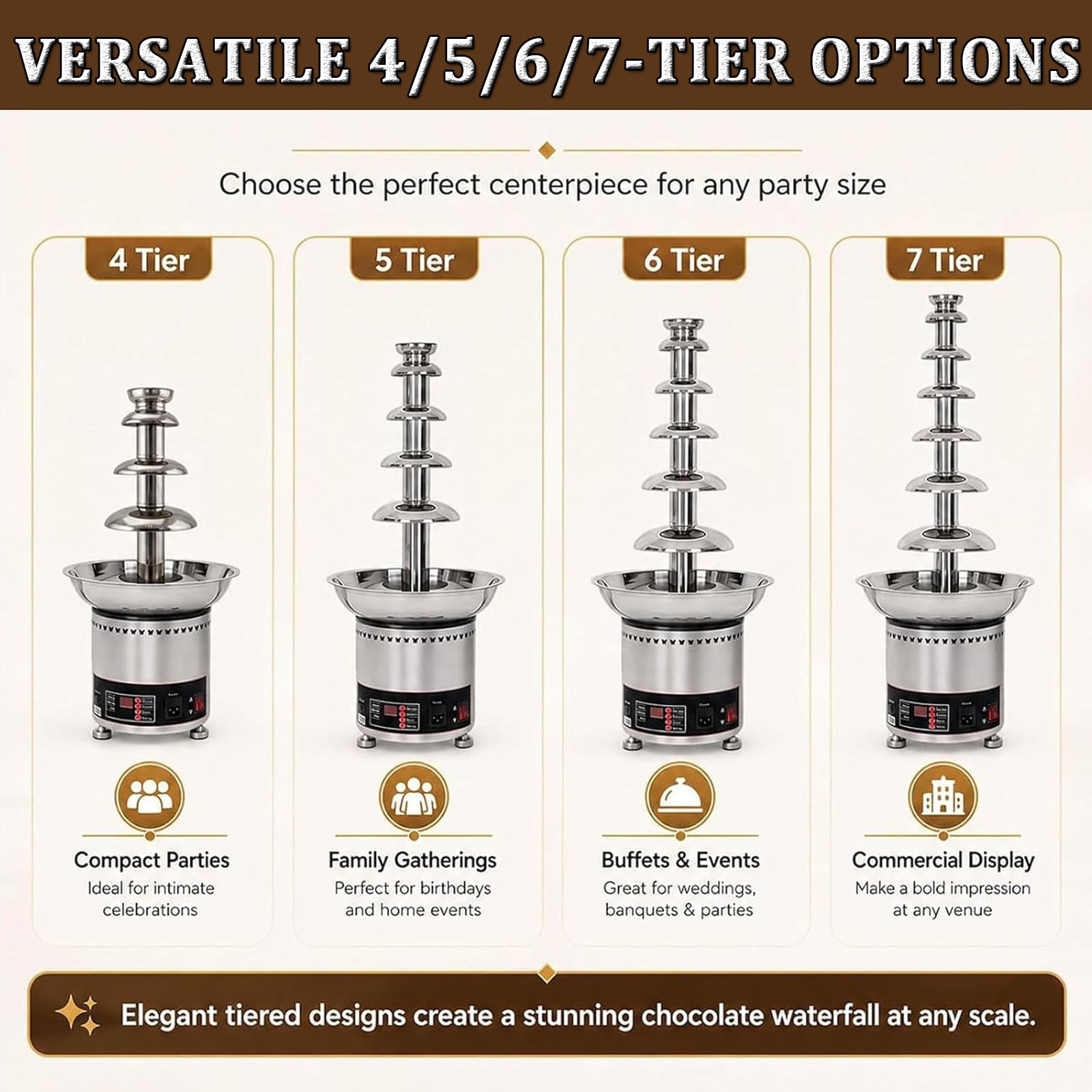 Fontaine à Chocolat à 4/5/6/7 Niveaux 3-8kg Grand Ensemble à Fondue 4Tiers