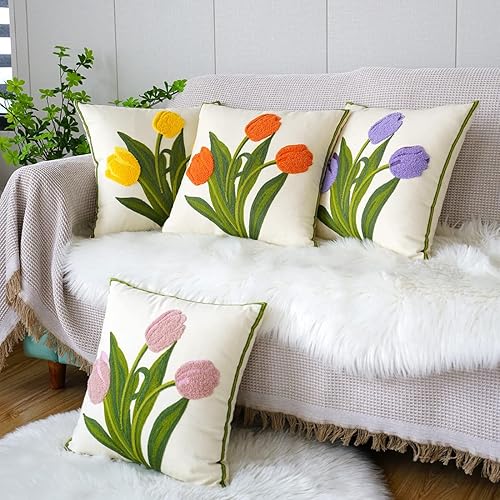 Miniatura 5 de vctops Funda de almohada de algodón con diseño de tulipanes de granja, funda de almohada con bordado floral de primavera, funda de cojín cuadrada