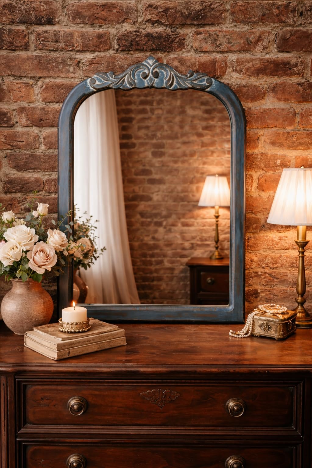 Vintage Arched Wall Mirror with Ornate Carved Enginereed Wooden Frame, Blue Distressed Finish, Rustic Antique Style || 36x24 Inches || Without Mirror ||-image-33