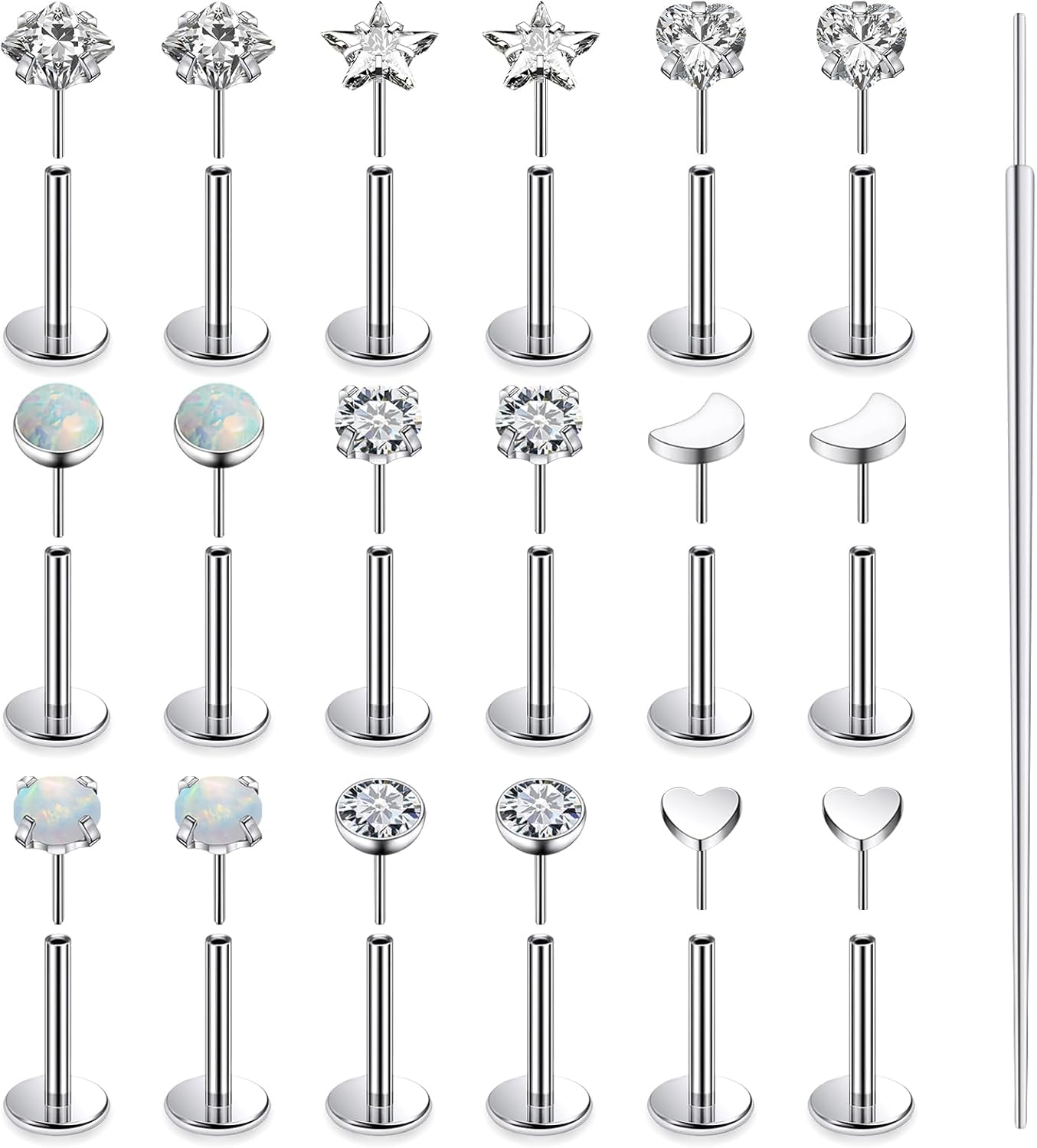 20G 18G 16G Threadless Flat Back Earrings Nose Rings Studs Surgical Stainless Steel Opal CZ Nose Rings Stud Tragus Helix Conch Cartilage Earrings Piercing Jewelry For Women Men Hypoallergenic