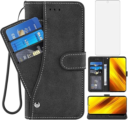 Asuwish Compatible con Xiaomi Poco X3 ProPocoX3 NFCPoco X3 Funda tipo cartera de vidrio templado, protector de pantalla con tapa para tarjeta de