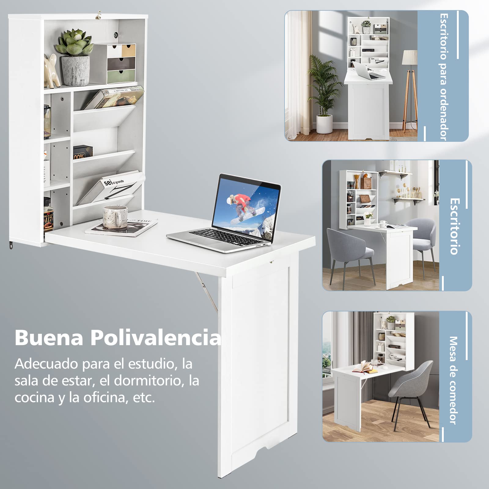 COSTWAY Escritorio Plegable de Pared, Estantes Ajustables, Mesa Plegable Pared para Ordenadores Portátiles Que Ahorra Espacio, Mesa Plegable de Comedor 60 x 94,5X 151cm