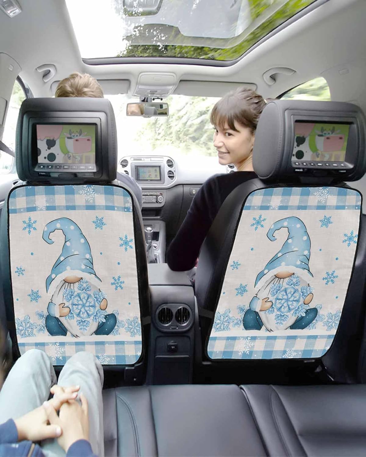 Car Seat Protector, 2 Pack Kick Mats with Organizer - 3 Pocket Storage, Christmas Gnome Snowflake Blue and White Buffalo Plaid Back Seat Cover for Kids Universal Fit Automotive Interior Protectors