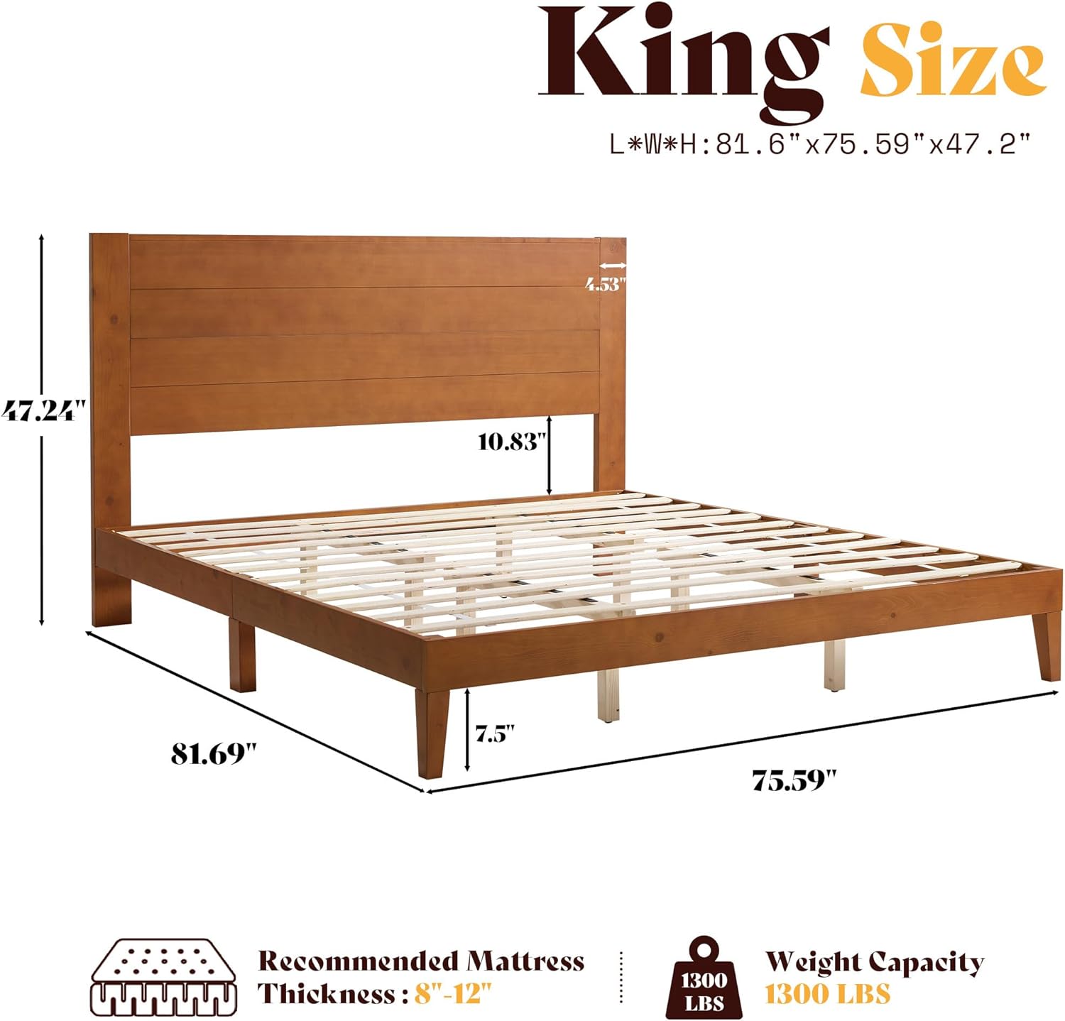 AMERLIFE King Sizes Solid Wood Bed Frame with 48" Headboard, Mid Century Modern Platform Bed with Silent Wood Slat System, No Box Spring Needed, Under-Bed Storage, Brown