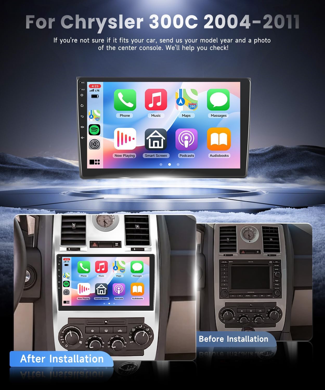 4G+64G Android 15 Car Stereo for Chrysler 300C 2004-2011 with Wireless Carplay Android Auto, 9 Inch 1280 * 720 Touch Screen GPS/WiFi/Bluetooth 5.0/ FM/32EQ/ SWC/Backup Camera
