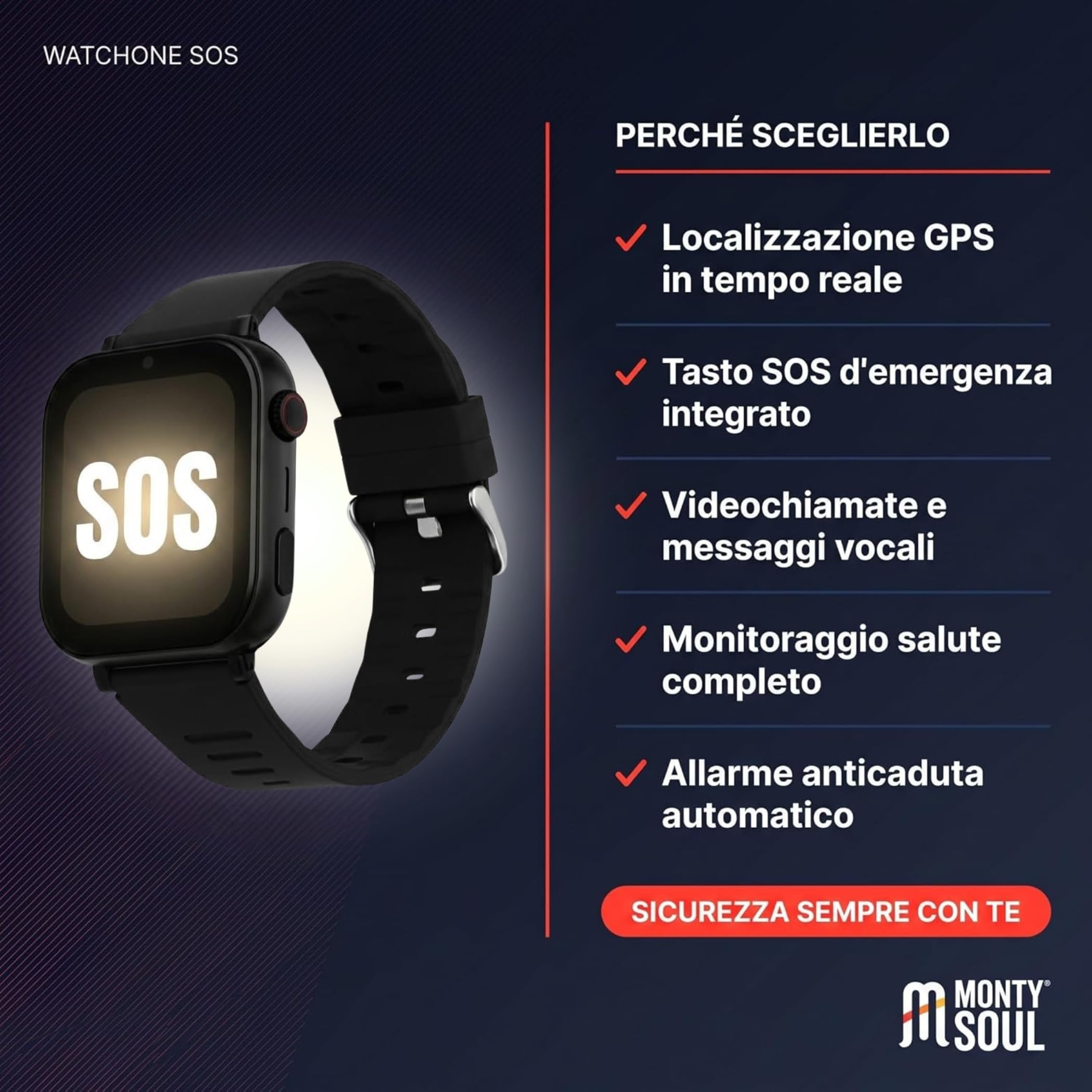 Smartwatch di Sicurezza per Bambini/Anziani con SOS, Videochiamate, Allarme Anticaduta, Monitoraggio Salute e Localizzazione Multipla (GPS + AGPS + LBS + WiFi) – (WatchOne SOS)