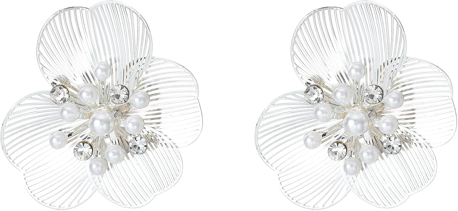 Big Flower Earring for Women, Trendy 18K Gold Plated Boho Floral Petal with Pearl Dangling Lightweight Chunky Long Flower Drop Prom Wedding Jewelry Gift for Brides Bridesmaid (Gold, Silver)