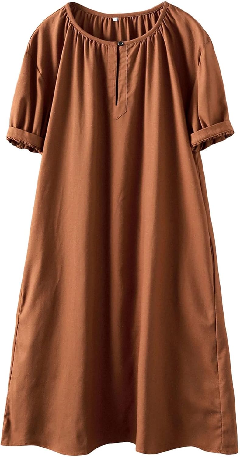 Minibee Women's Cotton Linen Dress Short Sleeve Midi Casual Plus Size Tunic Dress with Pockets