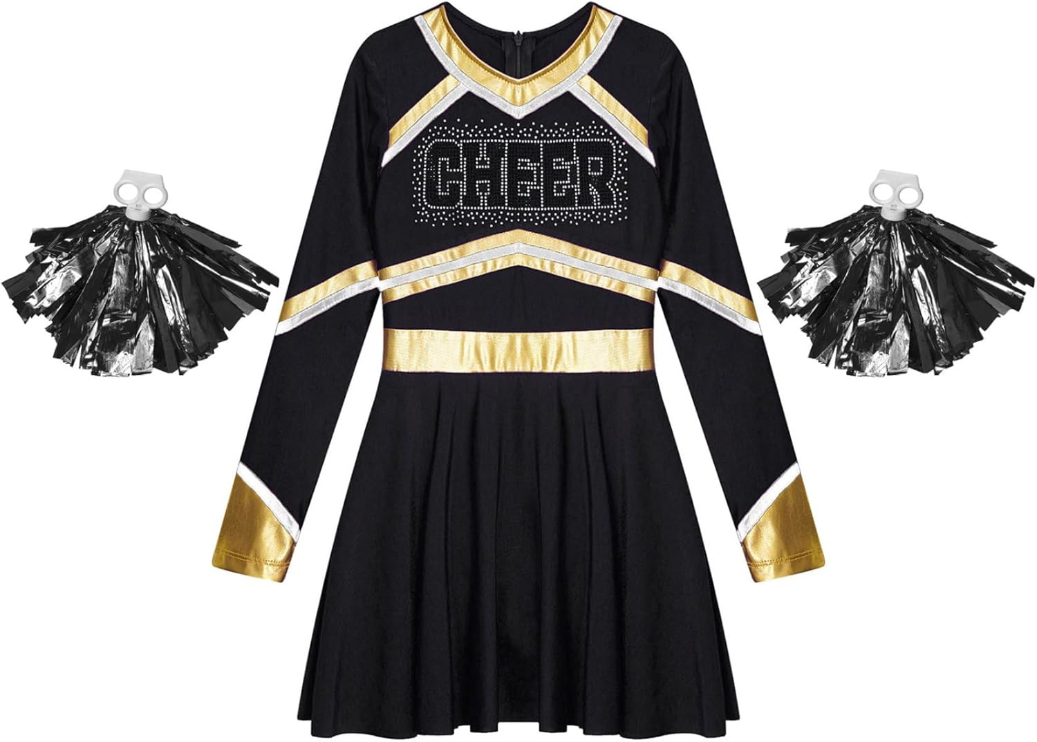 JEYPINMI Girls Sequins Cheer Leader Uniform Outfit Cheerleading Dance Dress Matching Pom Poms