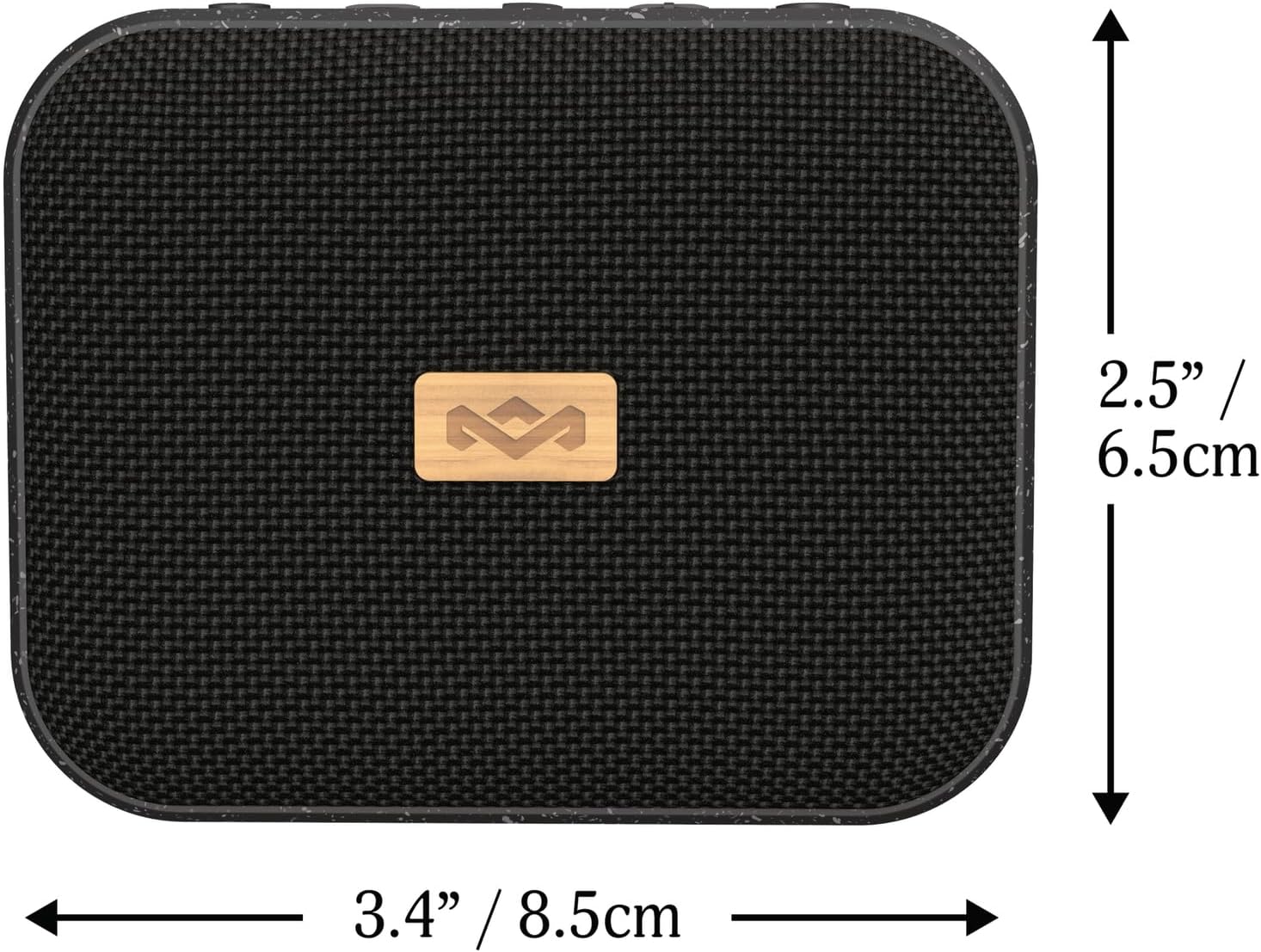 De dalt a baix view of the Jammin' speaker with dimensions indicated: 3.4 inches (8.5 cm) wide and 2.5 inches (6.5 cm) high.