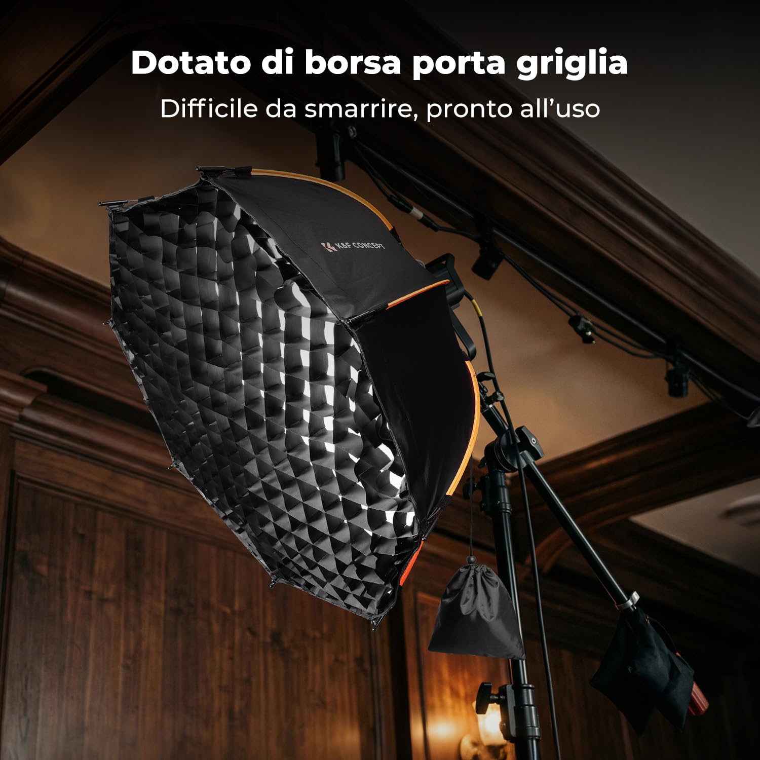 K&F CONCEPT 60cm/26''Rapido Sgancio Softbox con Griglia+Giffusore+Borsa | Attacco Bowens, compatibile con luci COB ideale per ritratti, matrimoni, riprese video e streaming live,LK07