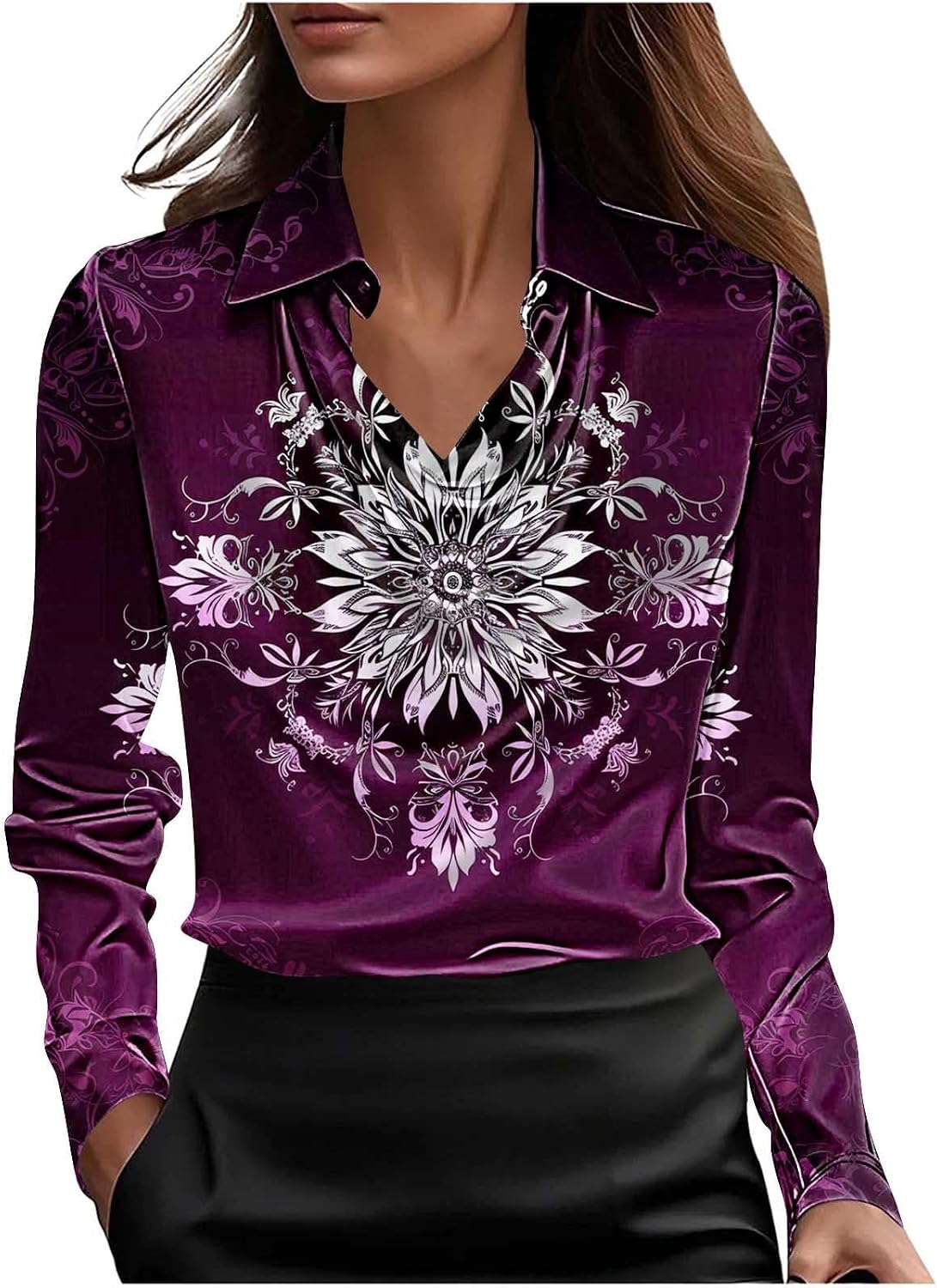 Womens Satin Cowl Neck Shirts Long Sleeve Office Blouse Dressy Drape Ruched Business Casual Work Elegant Tops