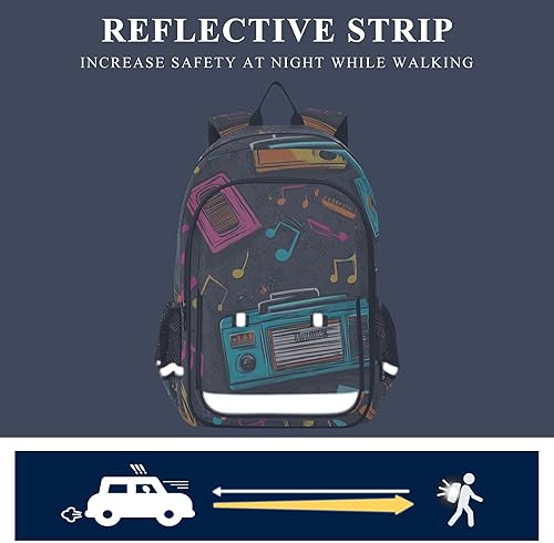 Miniatura 5 de Colorful Boombox Music Retro Backpack Lightweight Bookbag Travel Backpack College School Laptop Bag with Reflective Stripes
