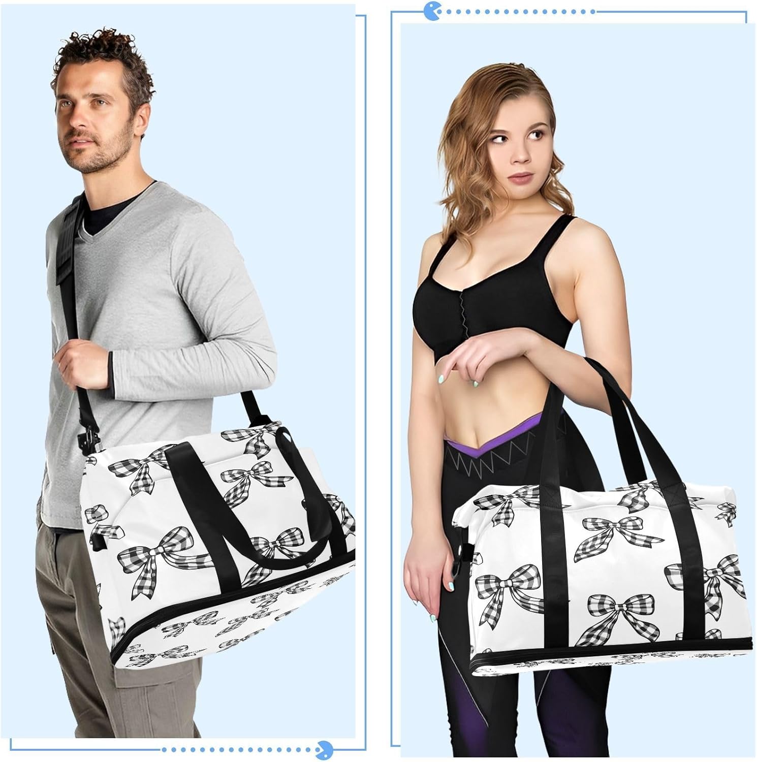 STAYTOP Black and White Bow Tie Gym Bag for Women & Men,Waterproof Sports Travel Duffel Bag, Weekender Overnight Bag with Wet Pocket for Travel, Gym, Yoga,Swimming