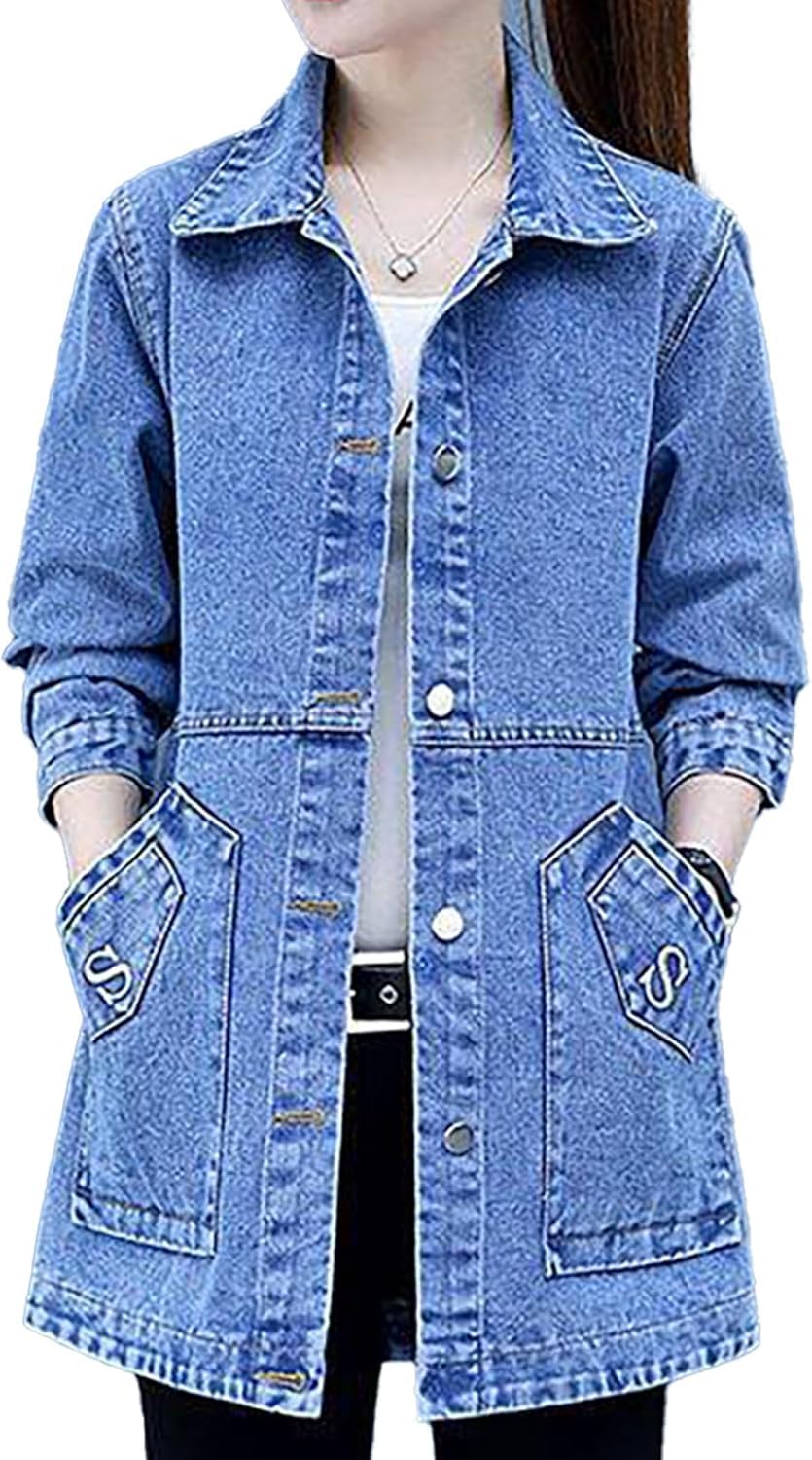 Chaqueta Vaquera de Manga Larga con Botones Bordados para Mujer Chaqueta clásica de Solapa de Gran tamaño Entallada con Cuello de Traje de Longitud Media para Primavera y otoño