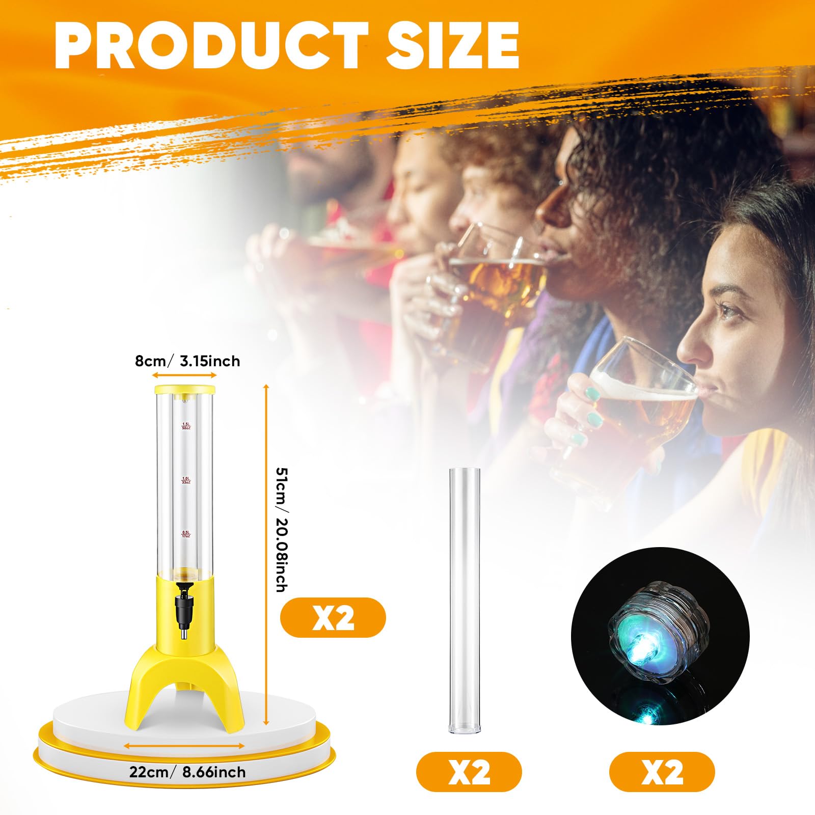 Baderke 2 Pcs Drink Tower Mimosa Tower 1.5L Tabletop Tower Beverage Dispensers Beer Dispenser with Ice Tube Margarita Towers for Liquor Juice Water Alcohol Wine Home Bar Party(Yellow)