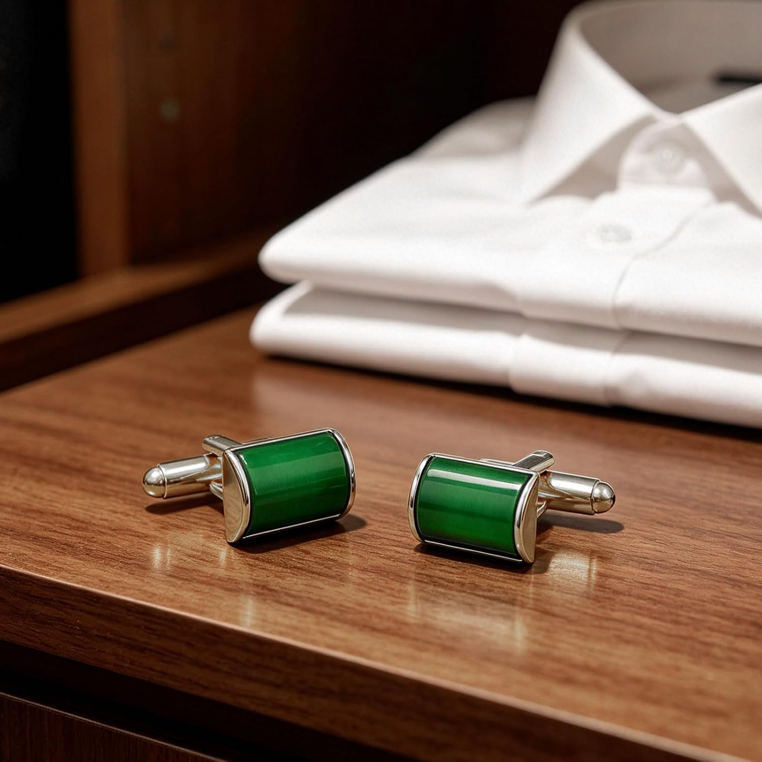 Rectangle Green Cats Eye Cufflinks for Men Natural Opal Gemstone | Silver/14K Gold Plated Elegent Mens Women Cuff Links with Gift Box for Wedding Party Office Formal or Casual Business Shirt