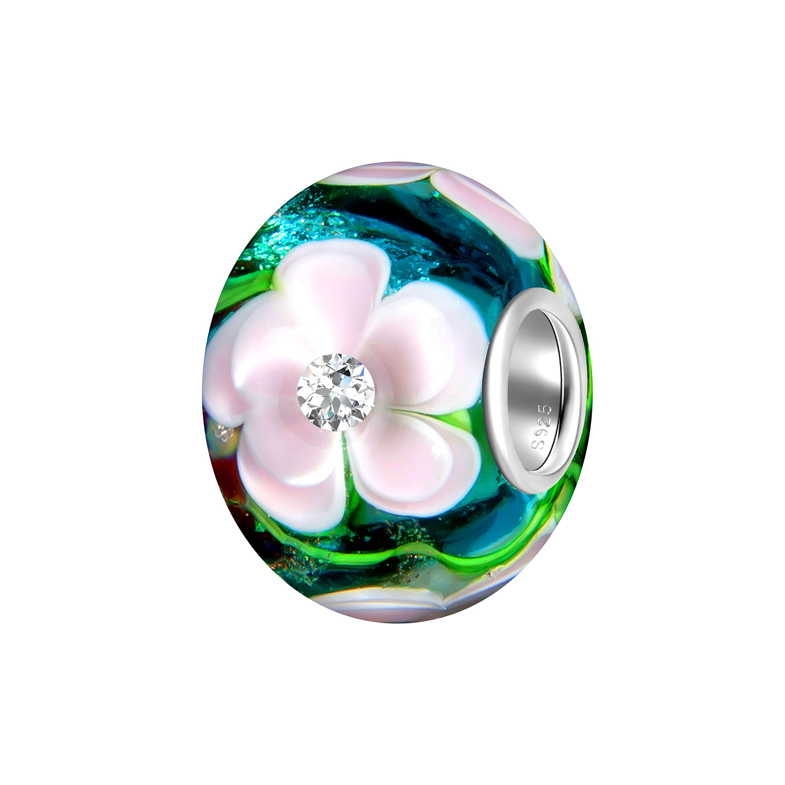Andante-Stones - Original, Plata de Ley 925 sólida, Cuenta de Cristal de la Serie Sealife, de Color Turquesa-arándano, circonia Rosa, Elemento Bola para Cuentas European Beads + Saco de Organza